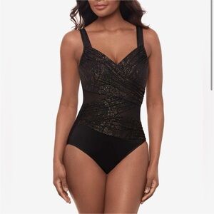 New Miraclesuit Madero One Piece Swimsuit in Brillante Black Gold Sz 12